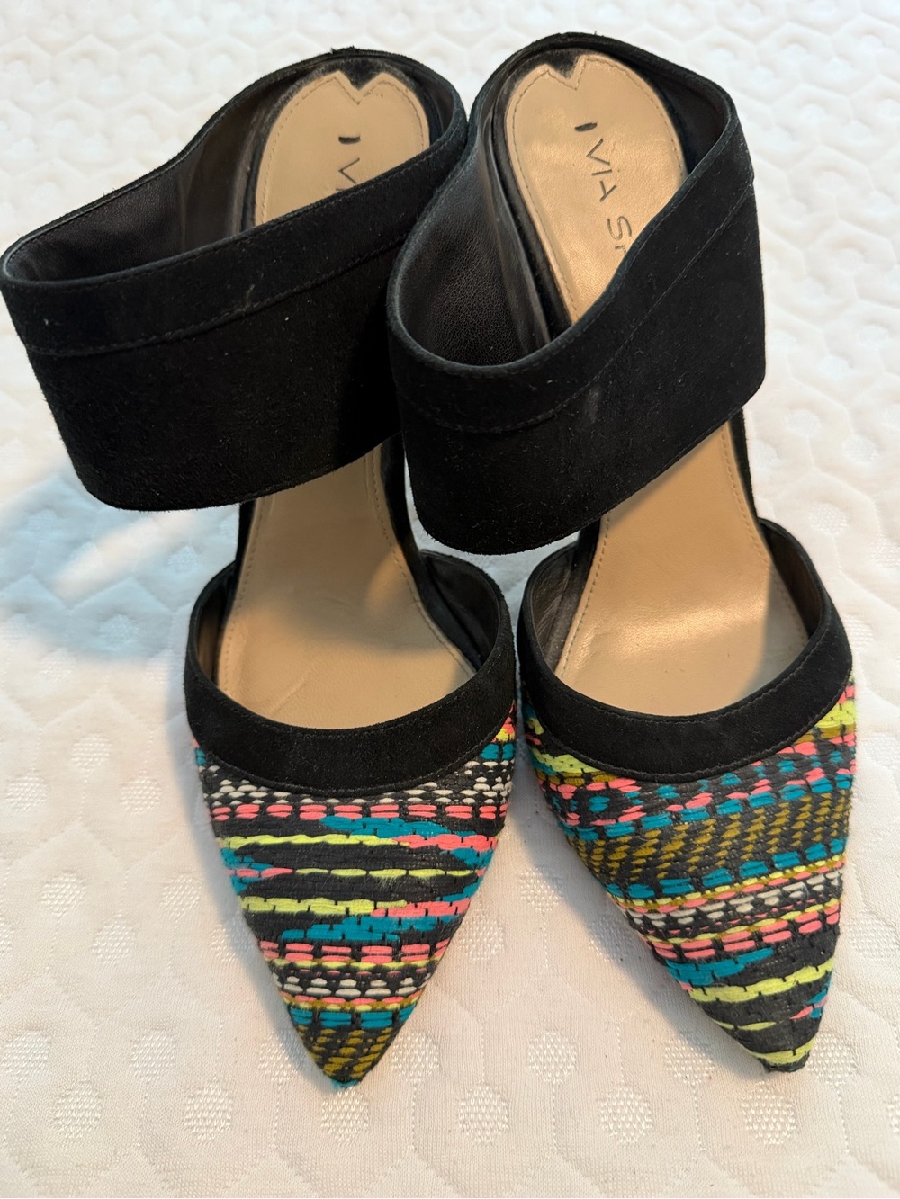 Via Spiga Black Suede Mules with Multicolor Woven Pointed Toe